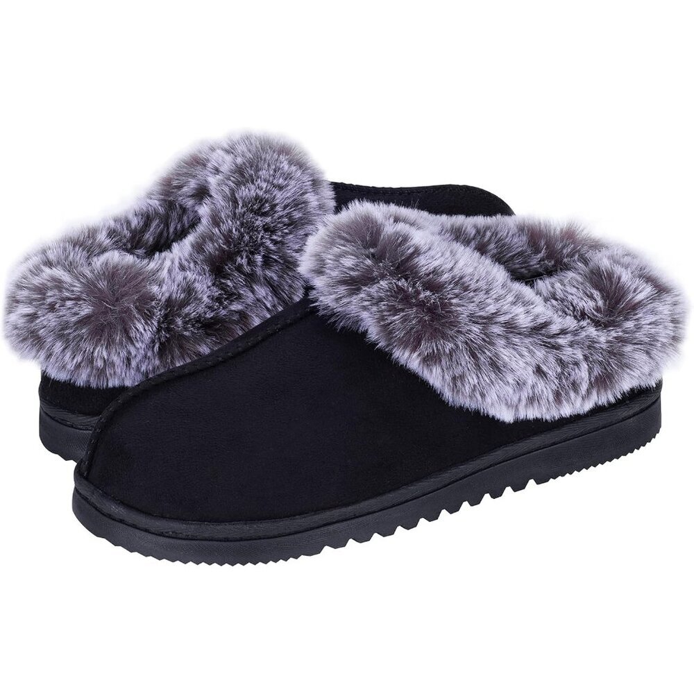 Women's Fuzzy Cozy Faux Fur Memory Foam  Rubber Sole Slippers Boots Black Shoes - Picture 4 of 6